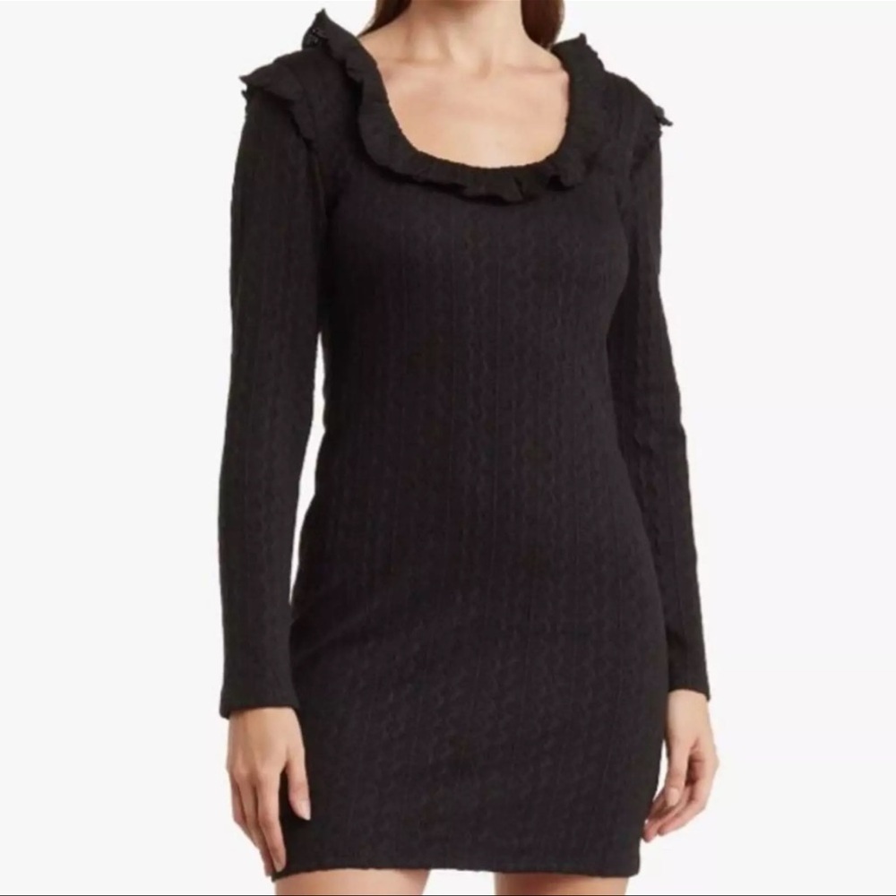 19 Cooper | Ruffle Long Sleeve Knit Dress Black Mini Dress